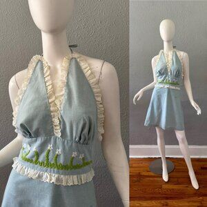 Vintage 60s 70s Blue Ruffle Eyelet Lace Halter Cotton Mini Dress XS/S